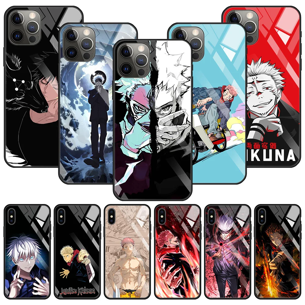 

Tempered Glass Phone Case For iPhone 11 12 Pro Max 12 Mini X XS MAX XR 8 7 6s 6 Plus SE 2020 Soft Frame Para Jujutsu kaisen Gojo
