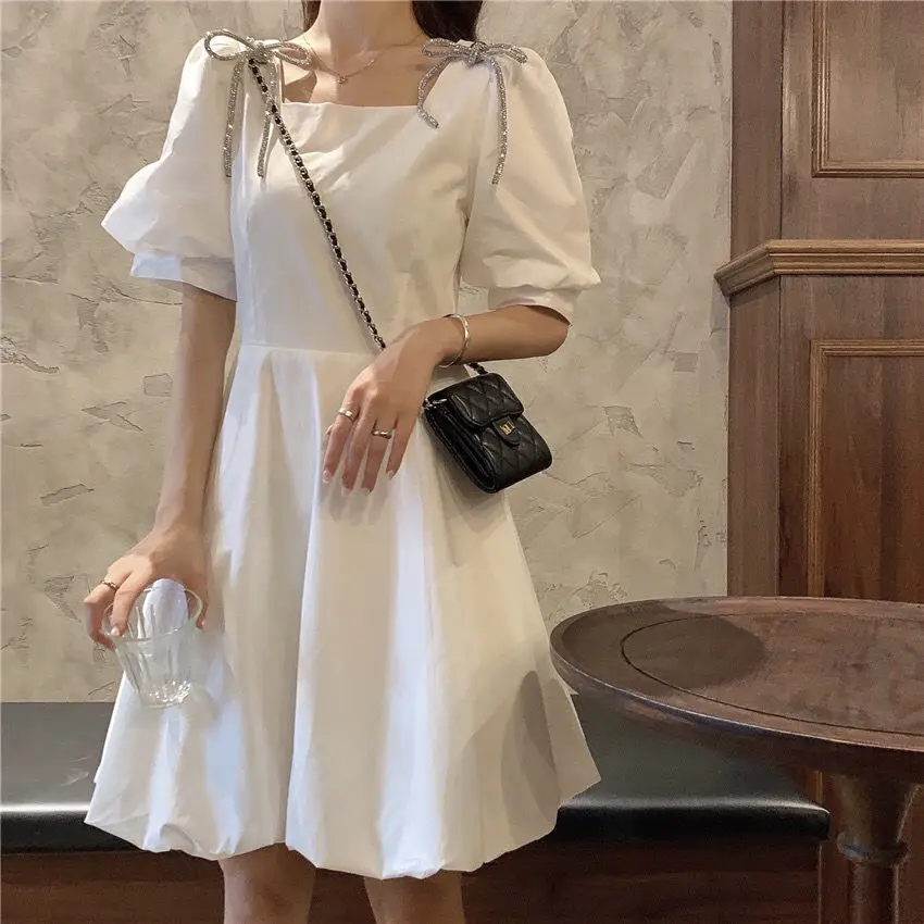 

Korean Fashion Puff Sleeve Mini Dresses For Women Elegant Square Neck Bow White Dress Sweet Holiday Party Dress Vestidos Mujer