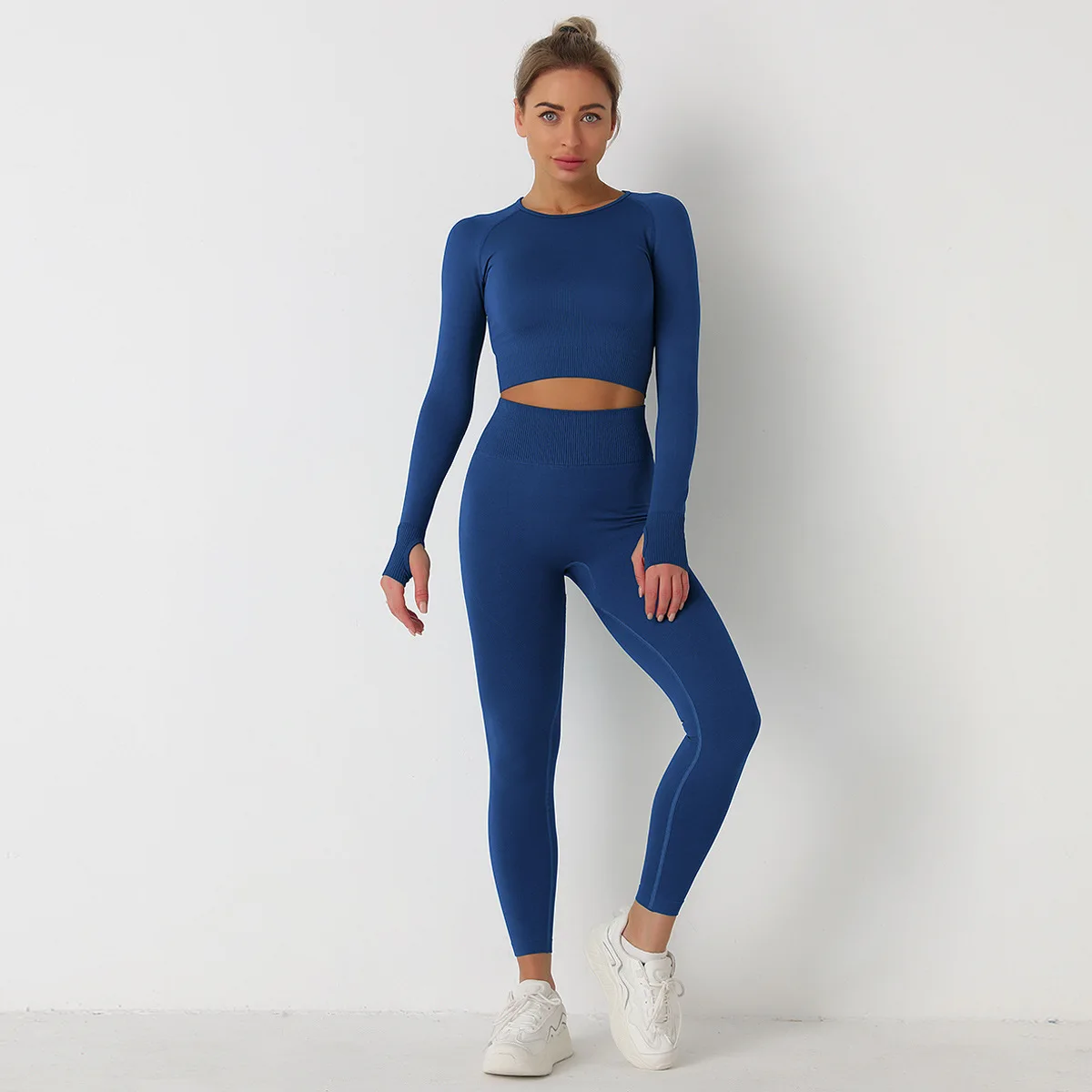 

2PCS/ Knitted Solid Color Seamless Long Sleeve Trousers Yoga Set Sports Two-piece Women Gym Clothes Leggings