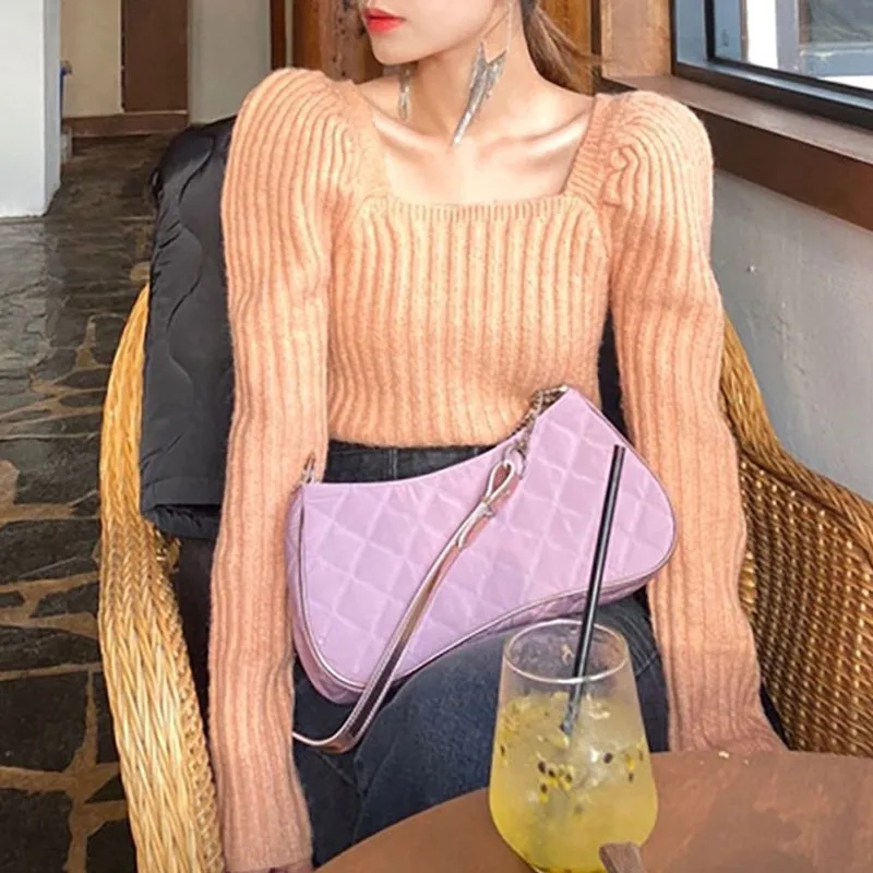 RealShe Sweater Woman Pullover 2020 Square Collar Long Puff Sleeve Solid Knitted Women Spring Casual Elegant Sweaters | Женская одежда