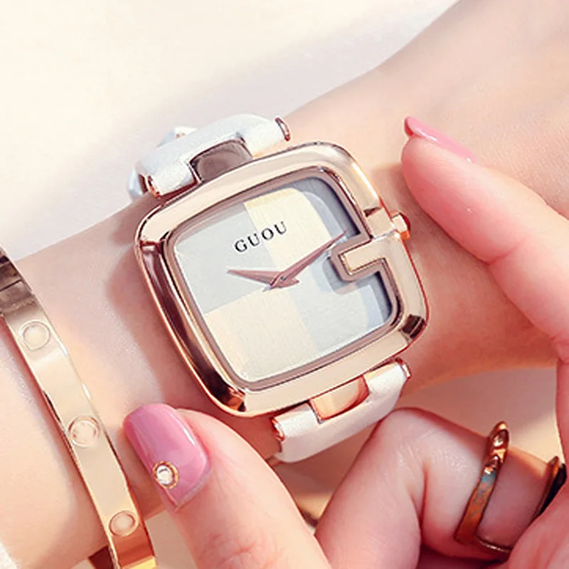 Guou Top Brand Women's Watches 2022 Square Fashion Zegarek Damski Luxury Ladies Bracelet For Women Leather Strap Clock Saati (art.: 3920be0803064) - 3920be0803064