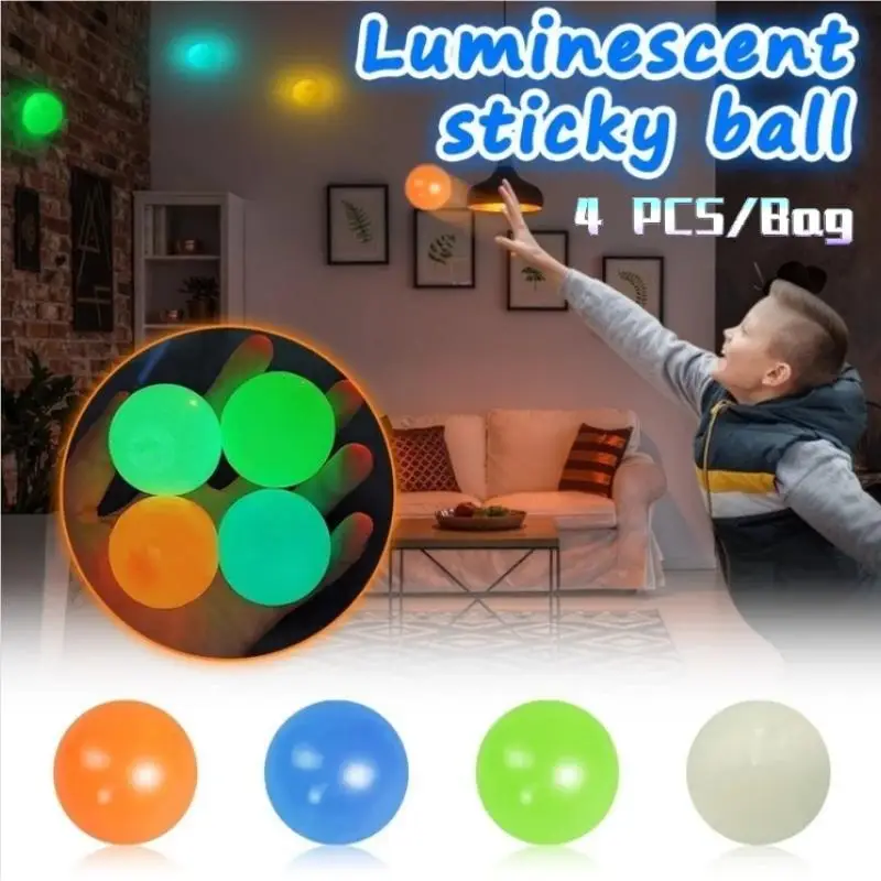 

4 pieces of luminous sticky balls throw luminous balls on the ceiling fingertip toys pressure ball decompression throwing toys