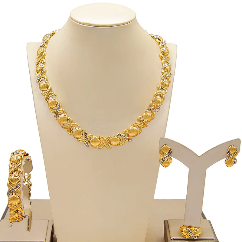 

African Jewelry Set Fashion Wedding Party XOXO Popular Heart Crystal Plated Gold Necklace Dubai Exquisite Bracelet Earring Ring
