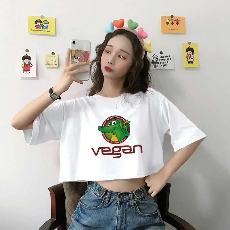 

Summer New Women Crop Top Printing Kawaii Cartoon Vegan Crocodiles Avocado Pattern Fashion Casual Korean Harajuku Style T-Shirts