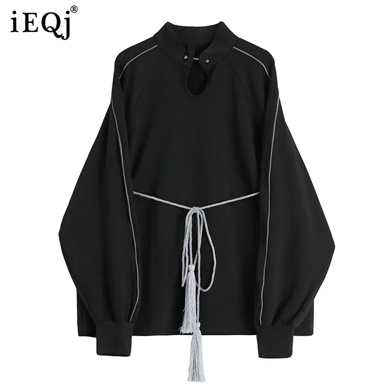 

IEQJ Casual Loose Design Sense Loose Stand-up Collar Sweater Black All-match Tops New Women Fashion Spring Autumn 2021 3F1809