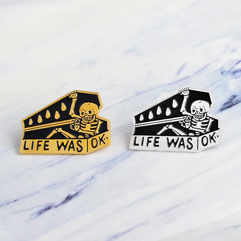 Брошь в виде черепа и гроба LIFE WAS OK эмалированные значки золотистые Серебристые