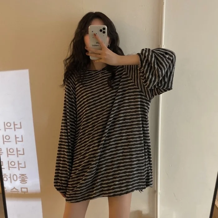 Футболка женская средней длины в полоску повседневный Свободный Топ контрастном