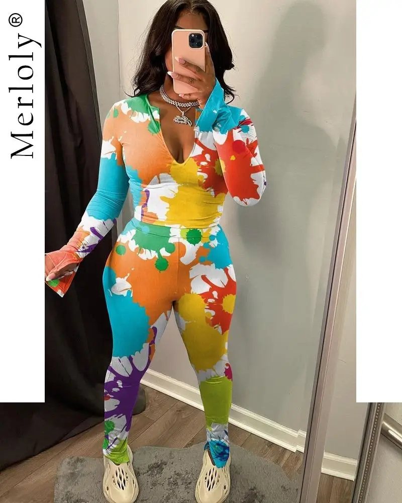 

New Autumn Long Sleeves V-neck Elastic Set Woman 2 Pieces Women's Tracksuit Street Hip Hop Style Female Clothing Trouser Suits