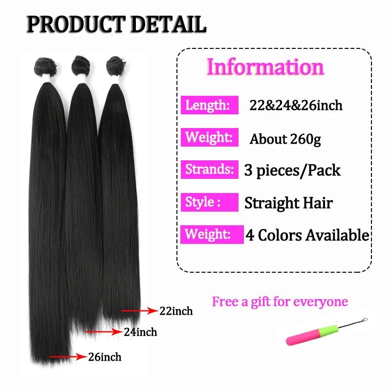 

Synthetic Hair Extensions Yaki Straight Hair Bundles 3Pcs/Pack 22-26inch Black Hair For Women High Temperature Fiber