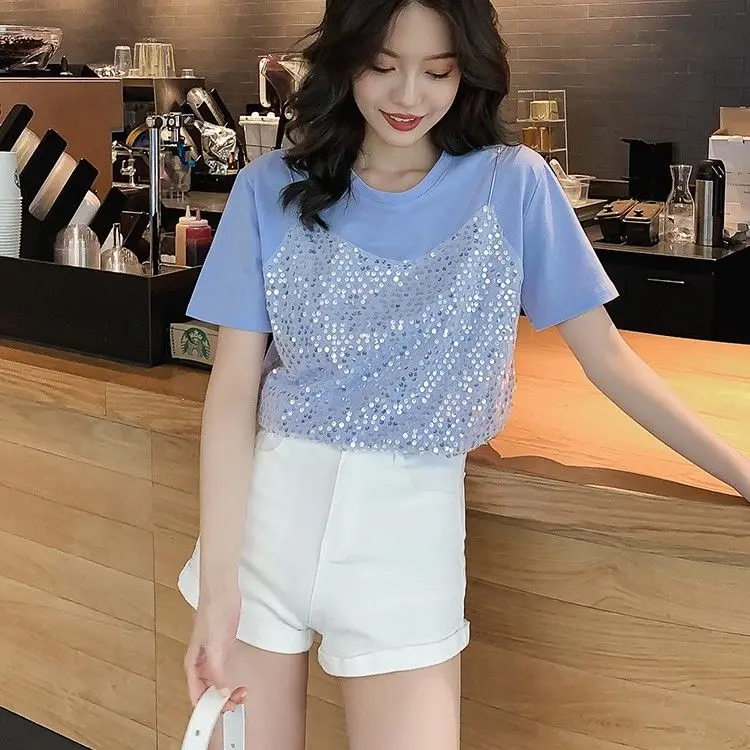 Новинка лета 2020 женская модная футболка с имитацией двух частей блестками и