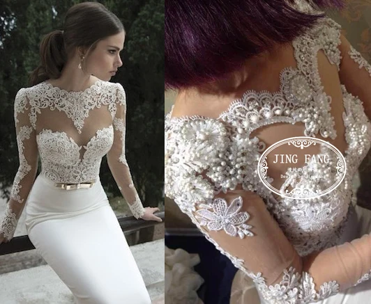 Женское свадебное платье с длинным рукавом кружевное Русалка жемчугом