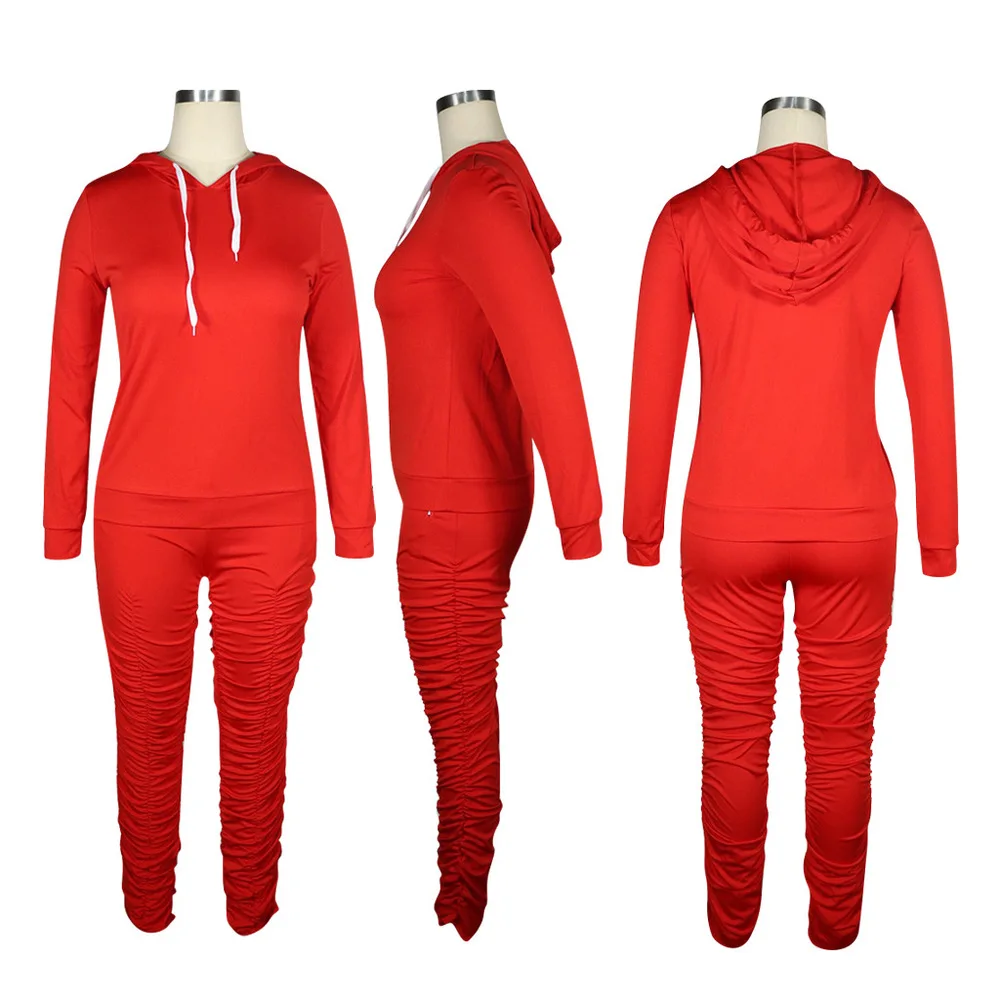 

Active Wear Sportswear Tracksuit Women's Sets Full Sleeve Hooded Bandage Crop Top and Stacked Pant Legging Sexy Two Piece Suits