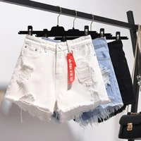 summer high waist denim shorts women korean solid cuffed tassels ripped holes blue femme jeans shorts sexy club hot shorts