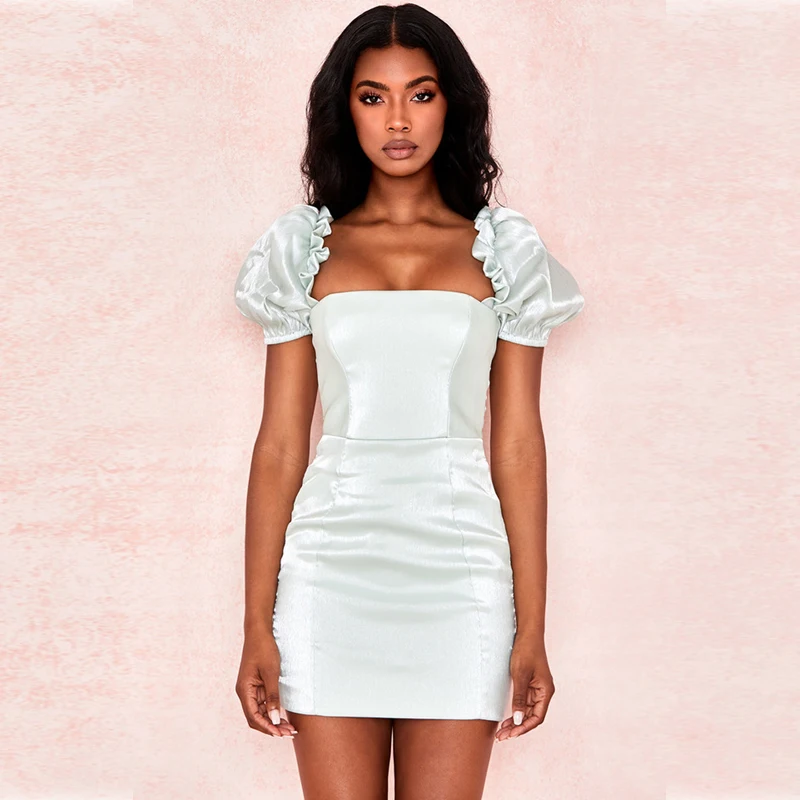 

Babatique Elegant Solid White Short Sleeve Satin Summer Dress Fashion Women Square Collar Mini Bodycon Party Dress Wholesale