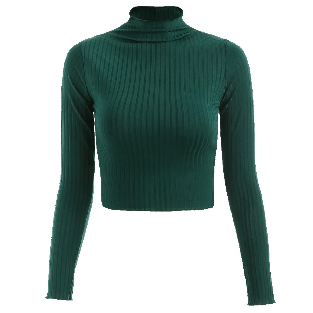 

Foridol casual turtleneck knitted pullovers female ribbed cropped sweater long sleeve vintage short basic sweater 2020 green