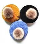 Детский шерстяной мягкий берет, Осенний Женский Повседневный берет из полиэстера с меховым помпоном, головные уборы