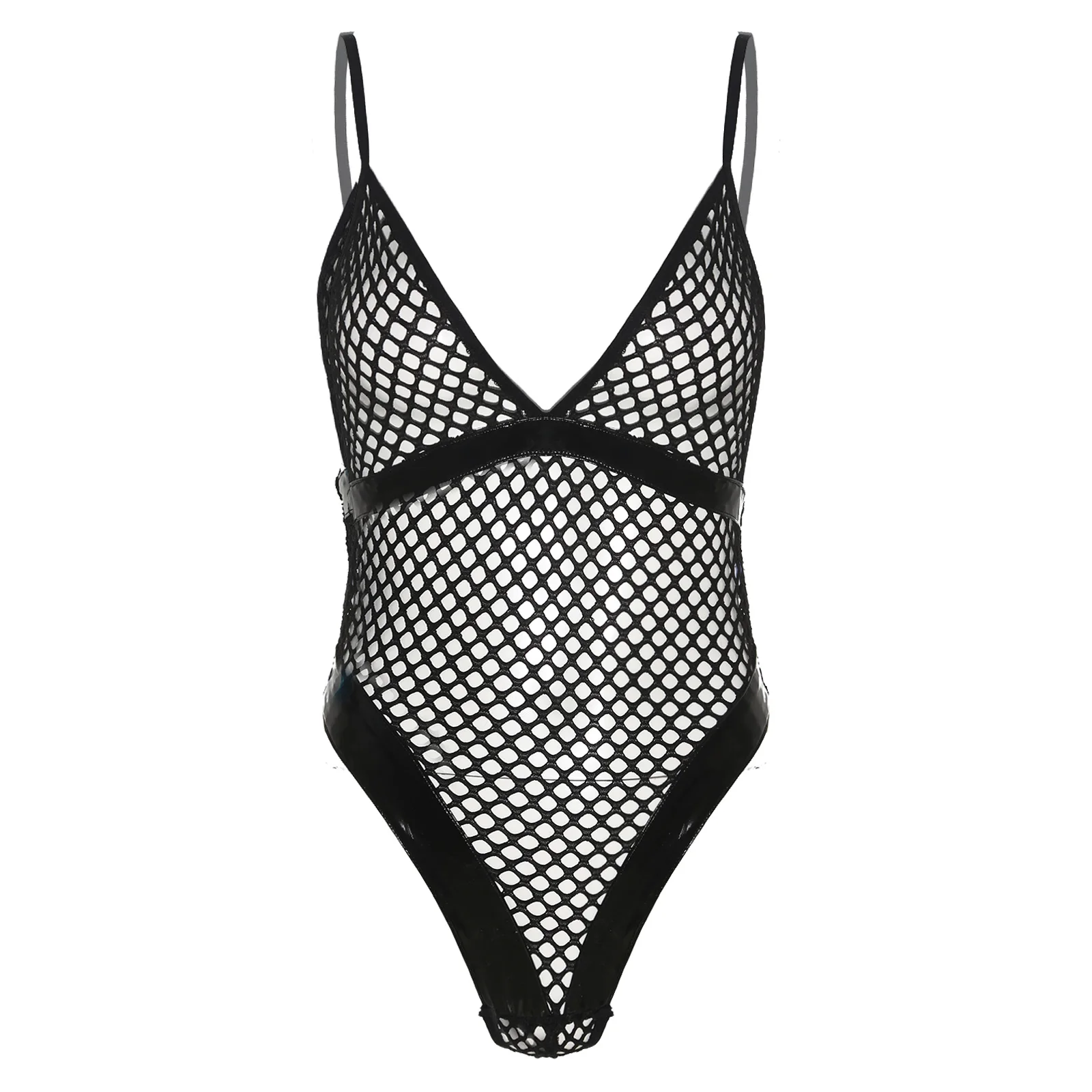 

Plus Size Fishnet Bodysuit Women Erotic Porno See-Through Hollow Out Patent Leather Patchwork High Cut Spaghetti Strap Leotard