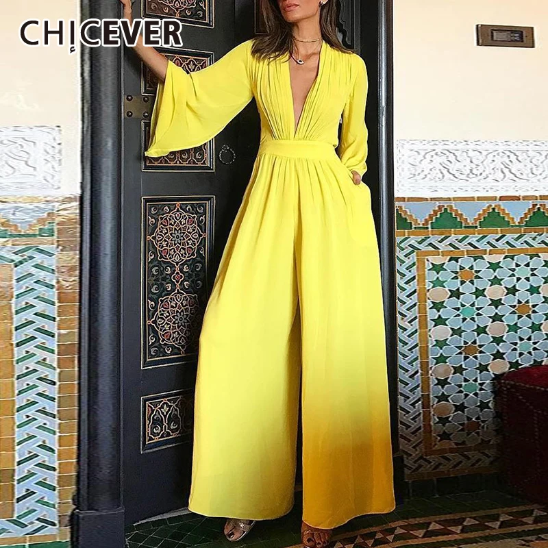 

CHICEVER Casual Yellow Wide Leg Pants For Women V Neck Long Sleeve High Waist Loose Solid Minimalist Jumpsuit Female Clothes New