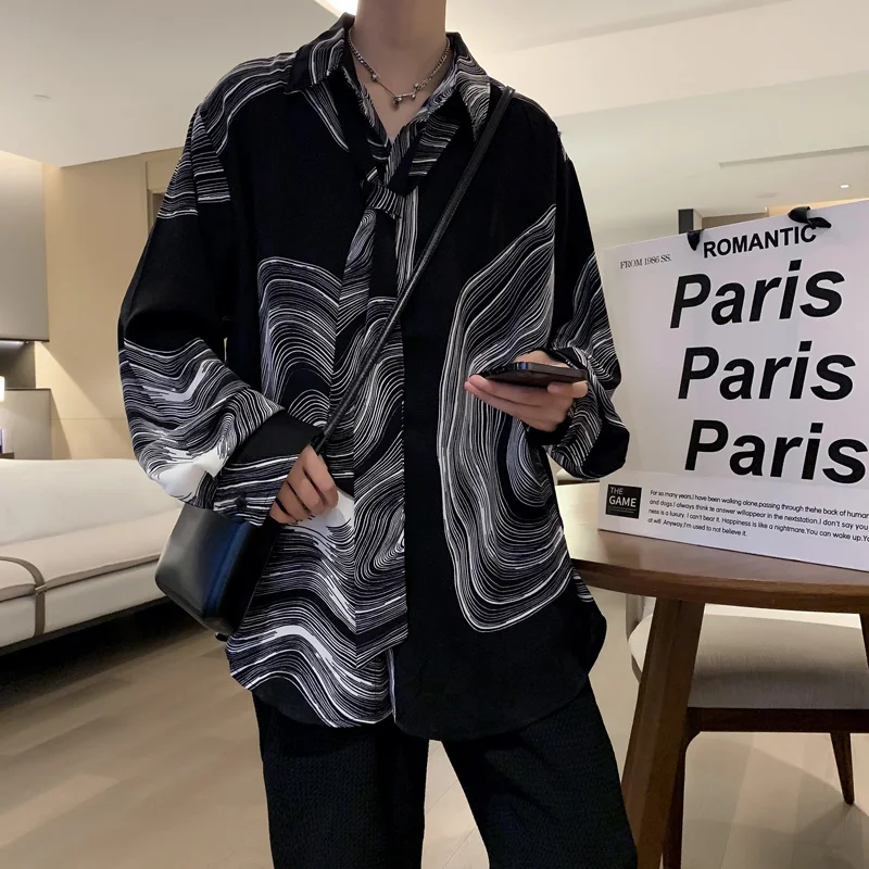 

Autumn Oversized Print Shirt Men's Fashion Business Society Mens Dress Shirt Korean Loose Long-sleeved Shirt Men Casual Shirt