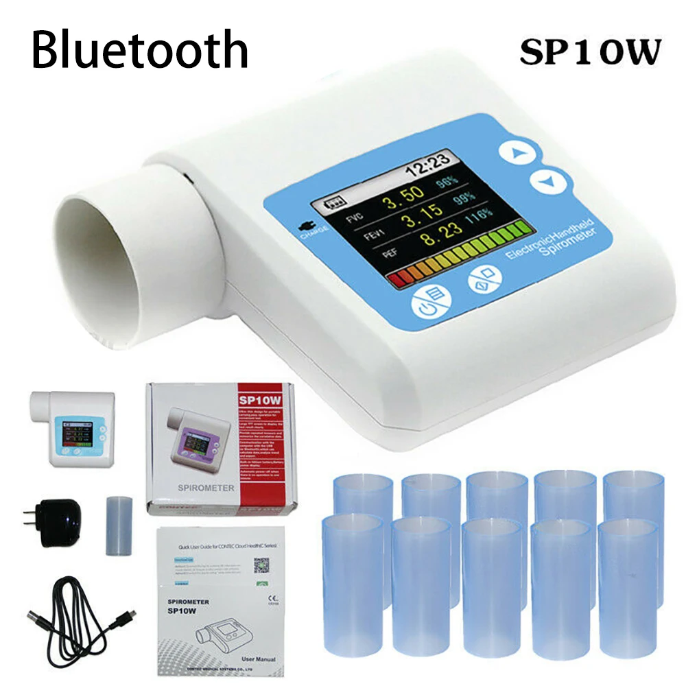 Bluetooth SP10W Digital Spirometer Lung Function Breathing Respiratory Diagnosis Monitor with 10PCS Mouthpiece PC Software | Красота и