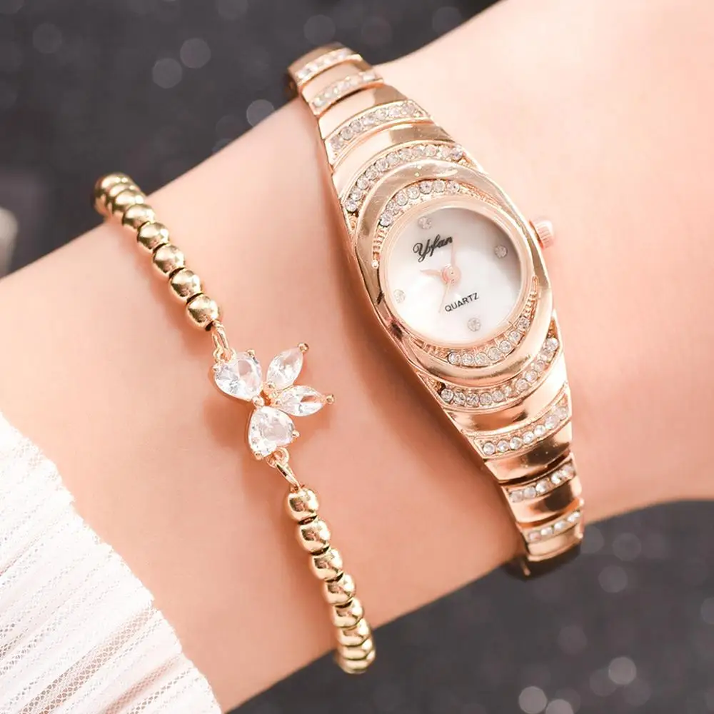 

2pcs/set Fashion Women Watch Delicate Rhinestone Silver Watch Bracelet For Women Luxury Ladies Wrist Watch Relogio Feminino