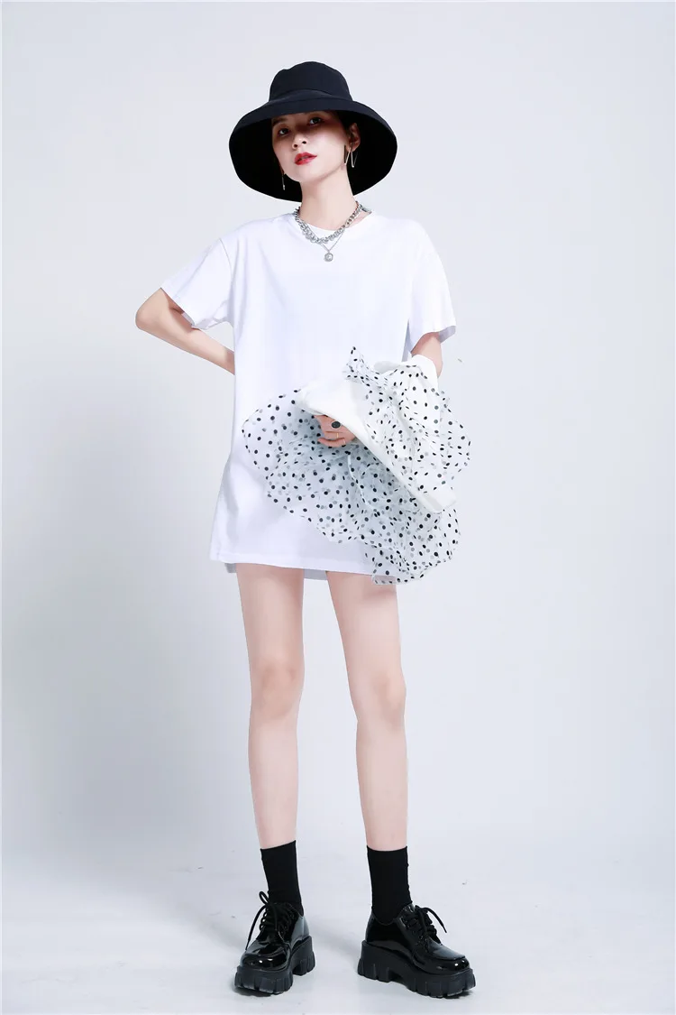 

Women patchwork Layers 2021 Fashion polka dot Dresses stylish A-line short sleeve Ladies dress