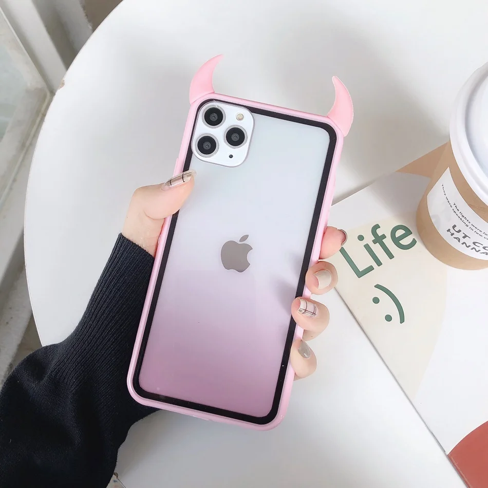 pink Чехол для iPhone 11 Pro Max, чехол для iPhone XR XS Max, милый 3D чехол с рогом дьявола для iPhone 7, 6s, 8 Plus, зеркальный карамельный чехол для телефона - Цвет: pink