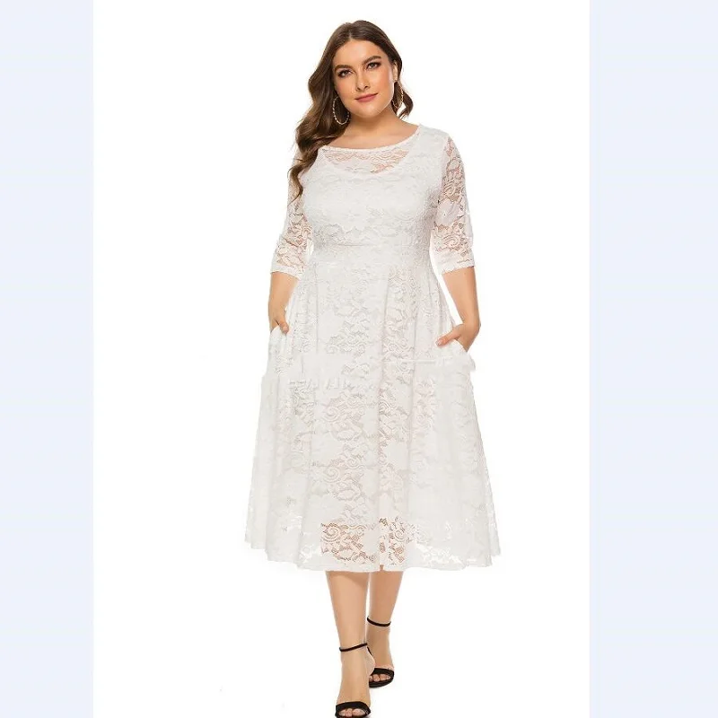 Весеннее Новое Стильное женское кружевное платье с О образным вырезом и рукавом