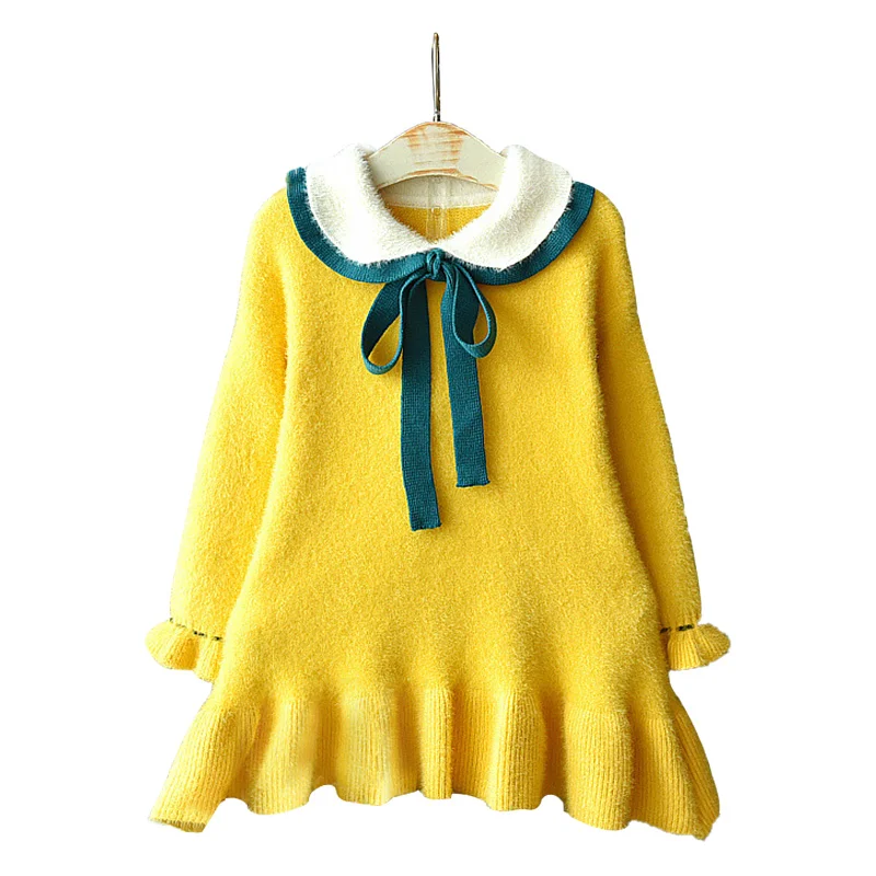 yellow Одежда для маленьких девочек; сезон осень-зима; трикотажное платье принцессы с длинными рукавами; воротник в виде листка лотоса; Кукольное платье; платье для девочек; одежда для малышей - Цвет: yellow