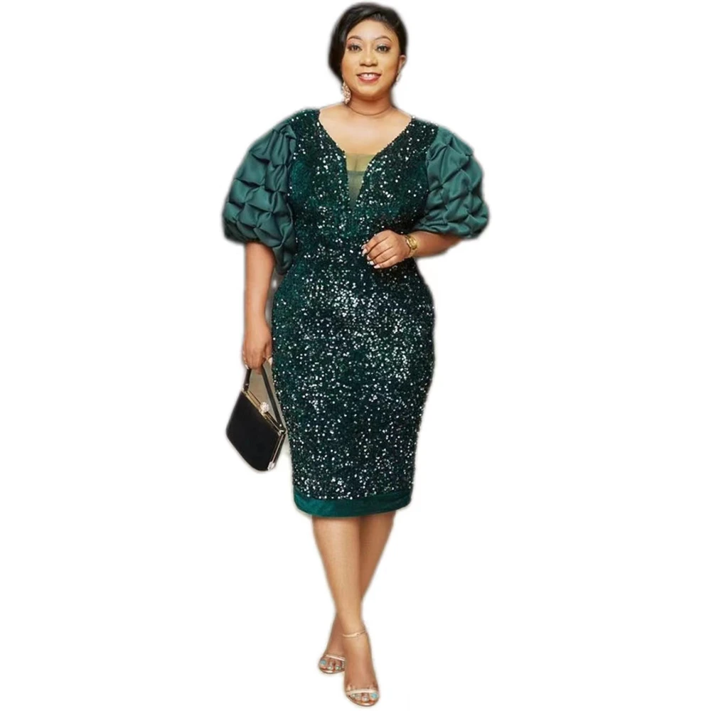 

Лидер продаж 2021, рождественское праздничное платье, Золотое бархатное Сетчатое платье-карандаш с блестками и пышными рукавами для женщин