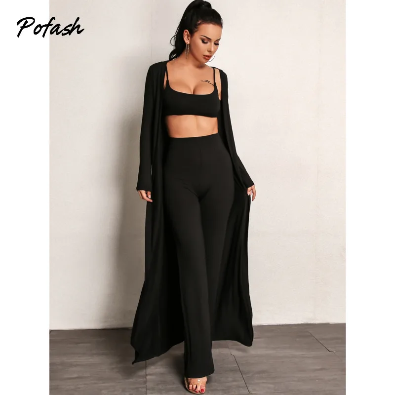 

Pofash Black Solid Casual 3 Pieces Outfits Women Long Sleeves Crop Tops And Pants Wrap Coat StreetWear Female Autumn Suits 2021