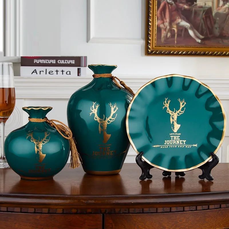 

3Pcs/Set European ceramic vase dried flowers flower arrangement wobble plate living room entrance ornaments home decorations 057