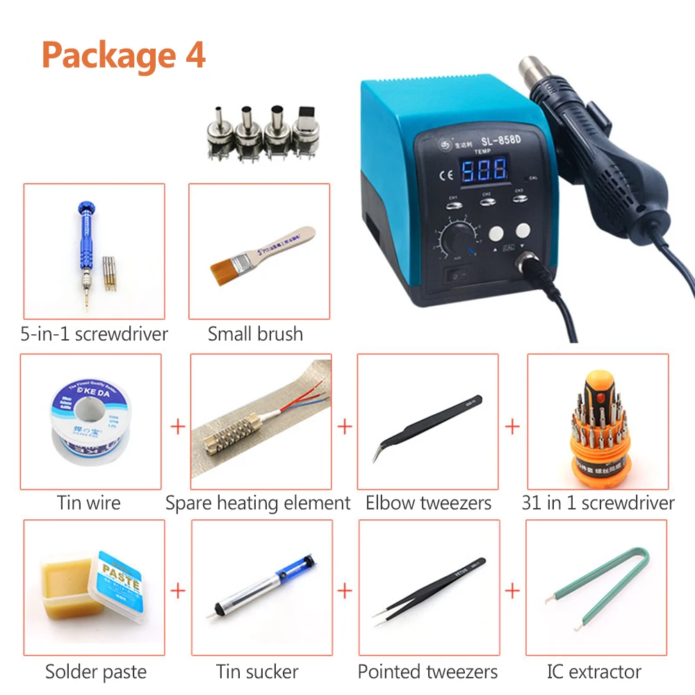 858D Hot Air Gun LED Digital BGA Rework Smart Blue Screen Desoldering Station Hot Air Gun 750W Lead-free Soldering Station