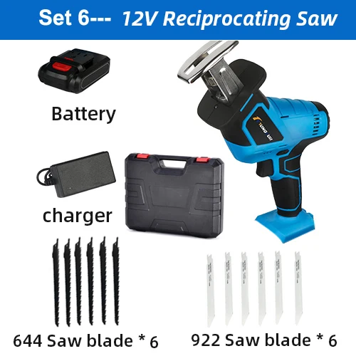 Lithium Battery Portable Reciprocating Saw Powerful Wood Cutting Saw Electric Wood/ Metal Saws With Sharp Blade Woodworking - Цвет: SET 6 With BOX