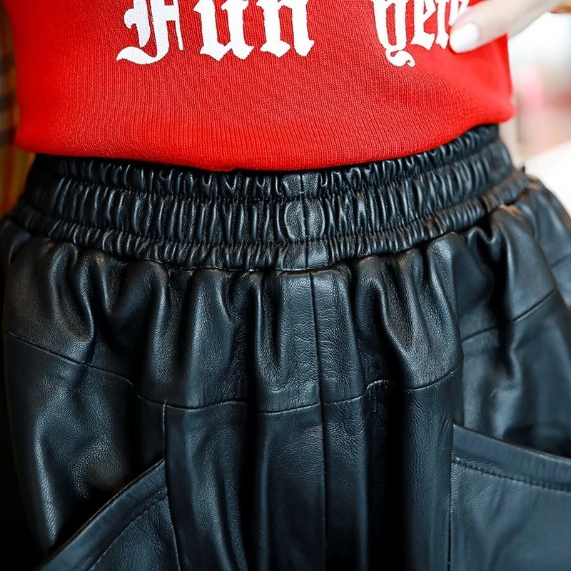 Брюки-султанки женские из натуральной кожи повседневные штаны до щиколотки