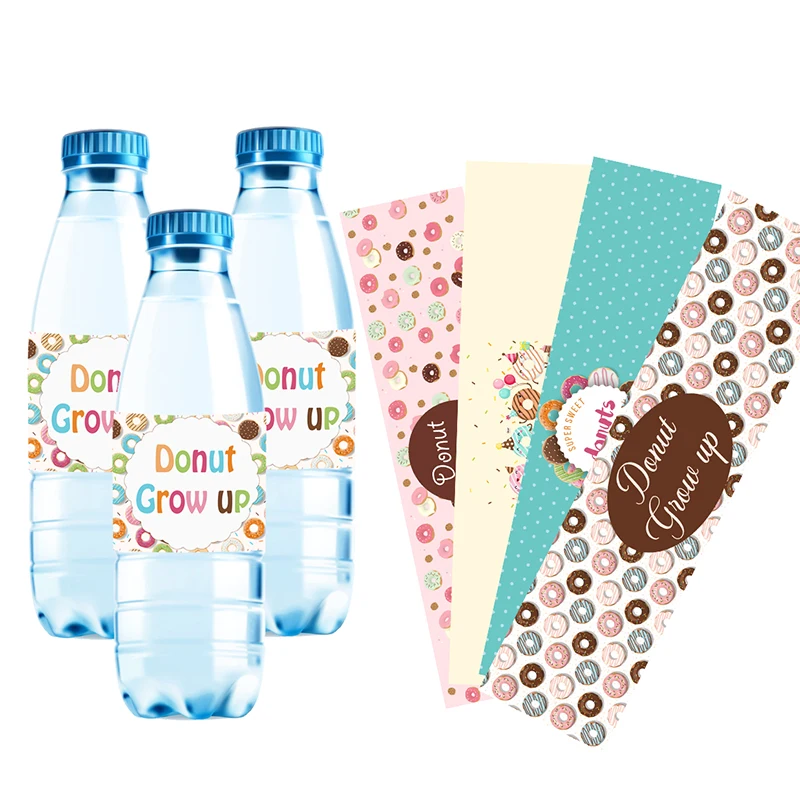 10pcs, Water Bottle Label Donut Theme Party Stickers Donuts Tea Time Dessert Party Wrapper Birthday Party Mexican Decor Supplies