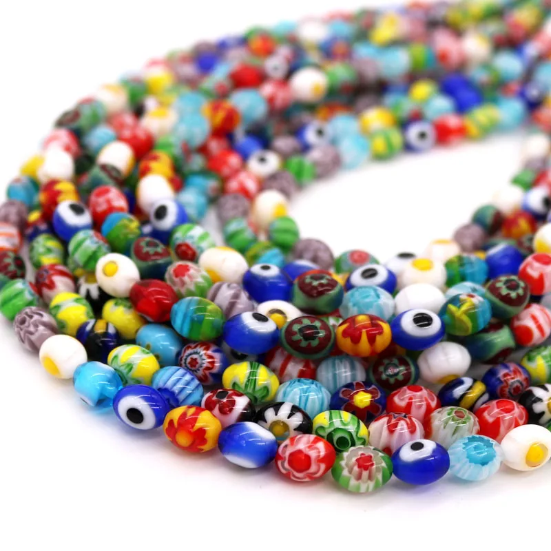 

250pcs/lot Oval Shape Millefiori Jewelry Beads 6x8mm Colorful Flower Printed Lampwork Beads for Handmade Jewelry Bracelet Making