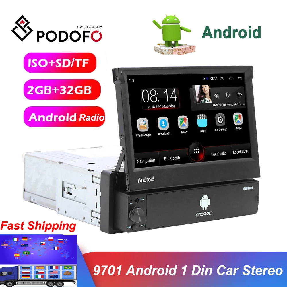 

Podofo Android 1 Din Quad-Core GPS Navigation FM Receiver 7'' Universa Car Radio WiFi Bluetooth MP5 Multimedia Player NO DVD