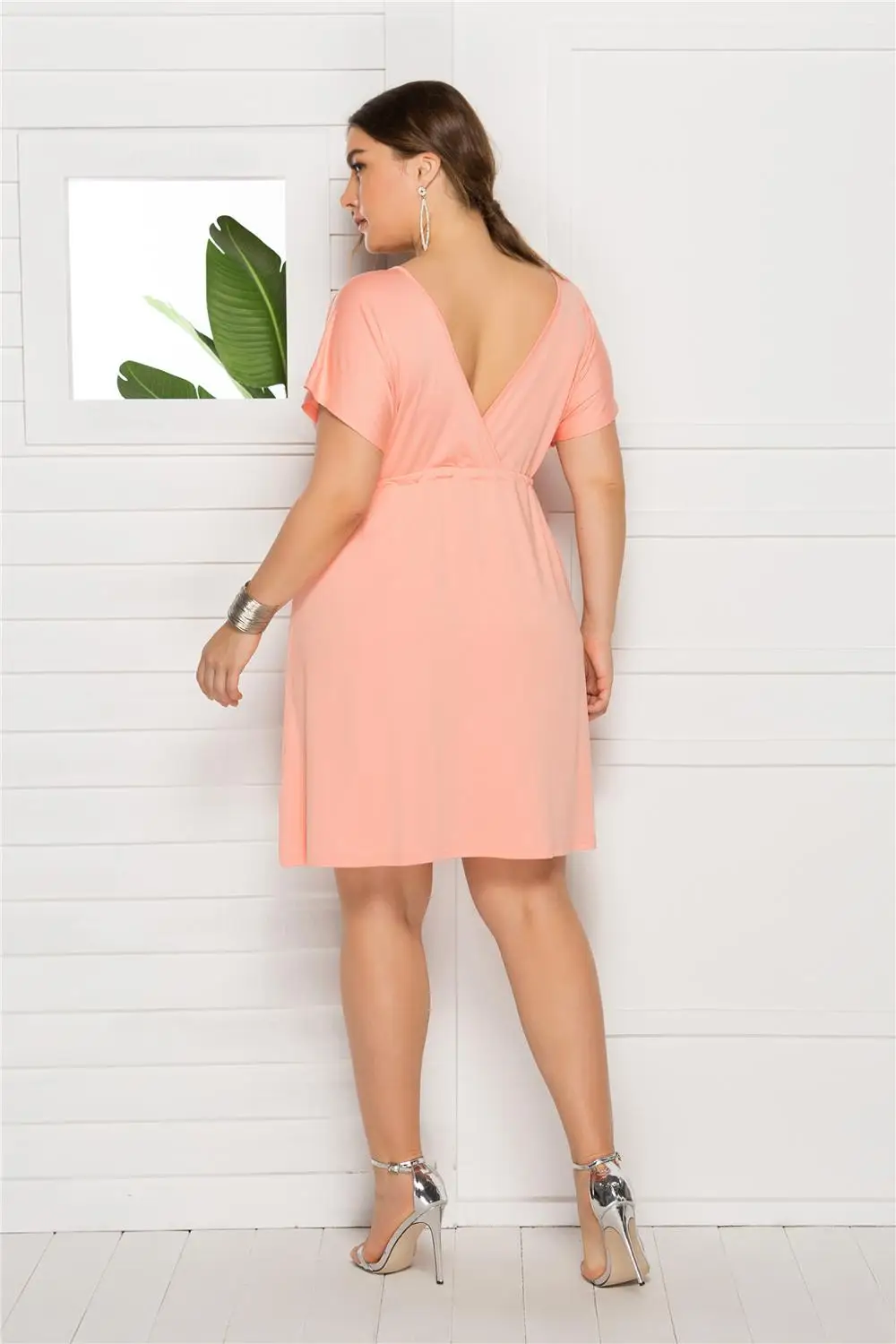 

Plus Size Women Sexy V-neck Backless Mini Dress Summer Short Sleeve Solid Color Casual Slim High Waist Lace Up Drawstring Dress