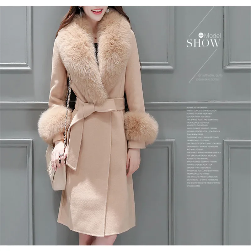 Woman Autumn Winter High Quality Elegant Woolen Coat Female Long Section Slim Belt Large Coat Detachable Fur Collar 