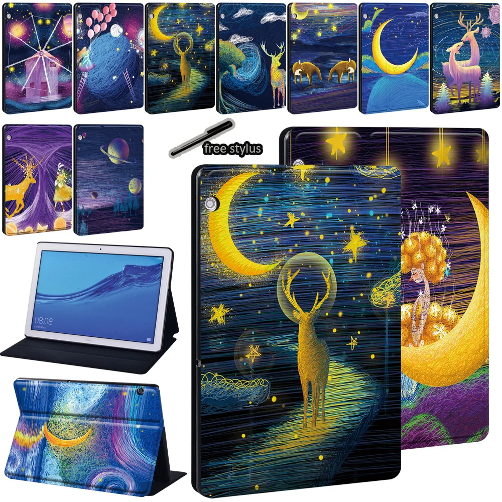 

For Huawei MediaPad T3 8/T3 10 9.6"/T5 10 10.1"/M5 Lite 10.1"/M5 10.8" oil painting Print Pattern PU Leather Tablet Cover Case