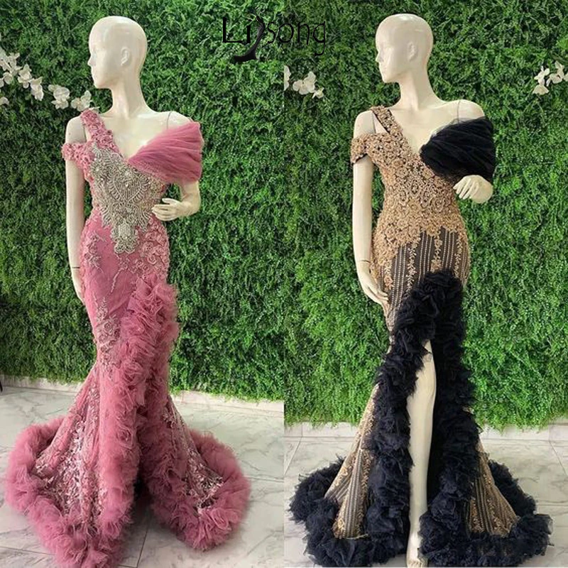 Aso Ebi 2020 Русалка вечернее платье размера плюс розовый черный v образный вырез с
