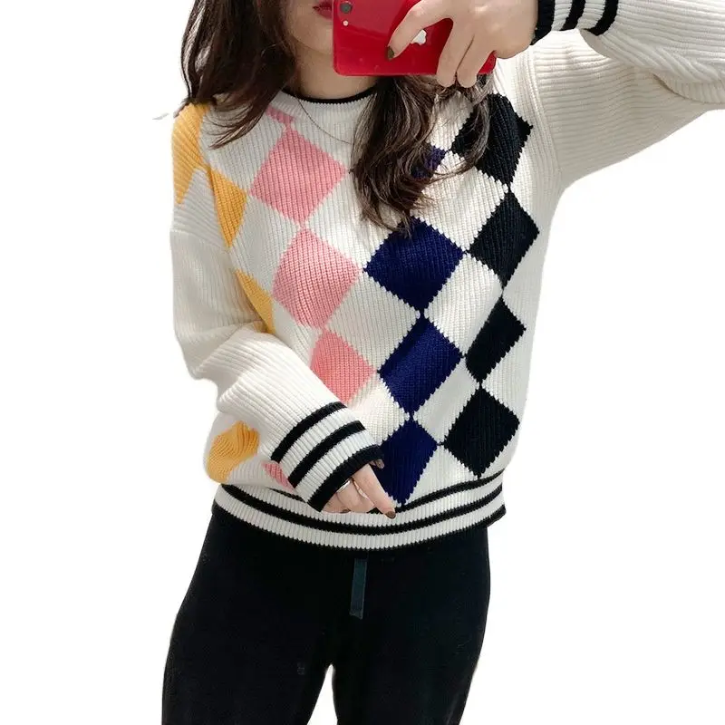 

M.Y.FANTASY 2021Women Sweater Fashion Color Argyle Long Sleeve O-Neck Fall Winter Korean Thick Warm Casual Female Pullover