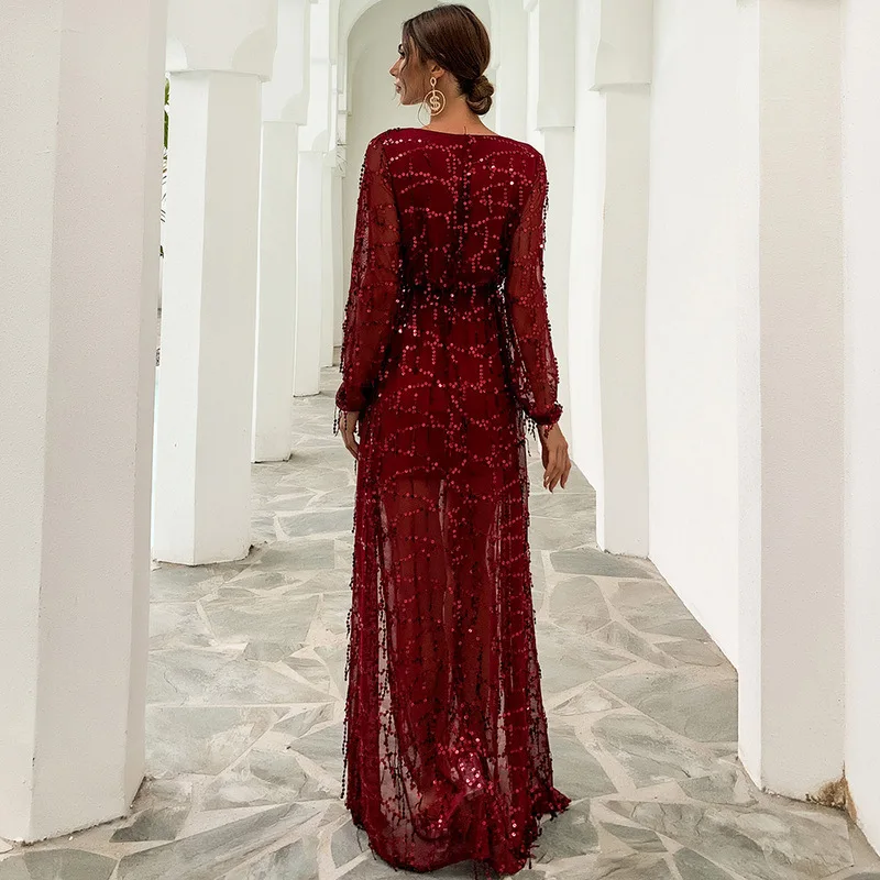 

Fashion Tassel Sequins Banquet Maxi Dress Women 2021 Sexy Full Sleeve Deep V Split Party Dress High-waist Elegant Dresses Spring
