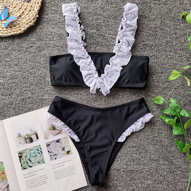 Женский купальник бикини с высокой талией и кружевной оборкой однотонный