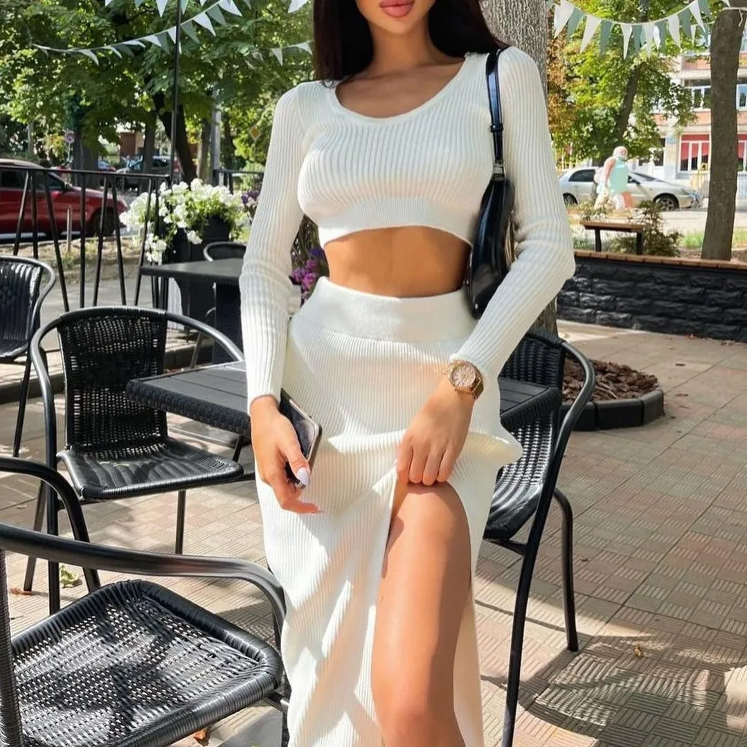 

Janrobe Women's Knitted Two Piece Set 2021 Autumn Winter Long Sleeve Sweater Tops Sexy High Split Skirts Female Outfits Clothing