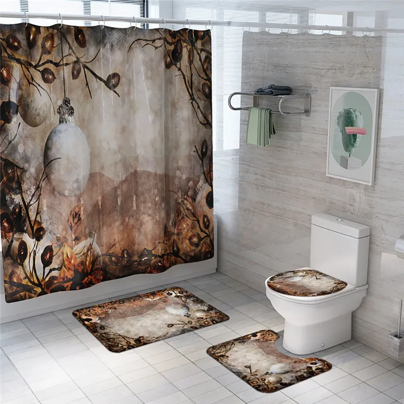 4 шт. набор штор для душа с принтом снеговика нескользящий унитаз полиэстер | Дом и