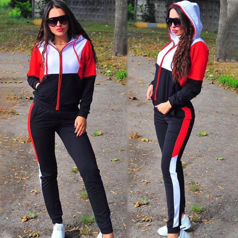 

Color Matching Fitness Women Tractsuits Pocket Zipper Hoodies and Elastic High Waist Sweatpant Casual Two Piece Sport Sets Mujer