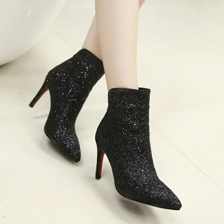 

Women Stilettos Heel Ankle Boots Pointed Toe Zipper Party Wedding Sequins Shoes