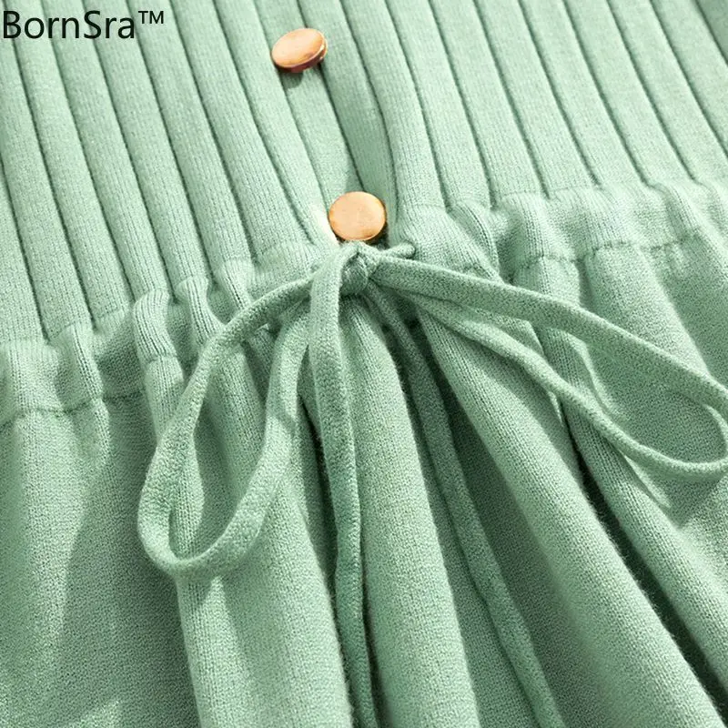 

Bornsra Elegant Long Women Knit A Line Dress Autumn Winter Thick Warm Sweater Dresses Button Drawstring Midi Pleated Dress Lady